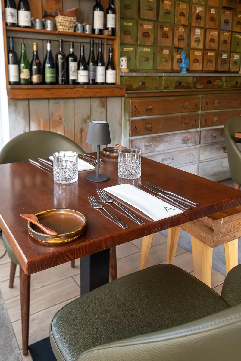 Sala do Aurora com a parede de gavetas de mercearia e a prateleira dos vinhos